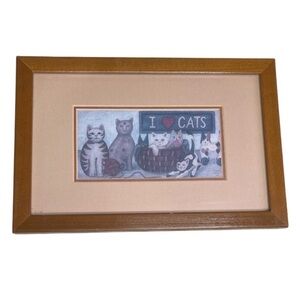 Vintage 90s Folk Art Style Cat Art Print I Love Cats Tan Brown Real Wood Frame